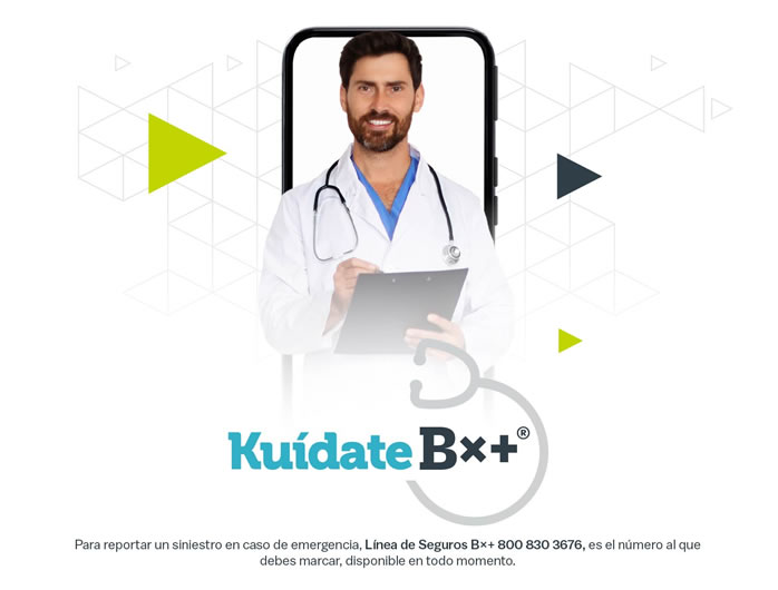 A smiling doctor in a white coat holds a clipboard, promoting the "Kúidate B++" app. Text encourages downloading the app.